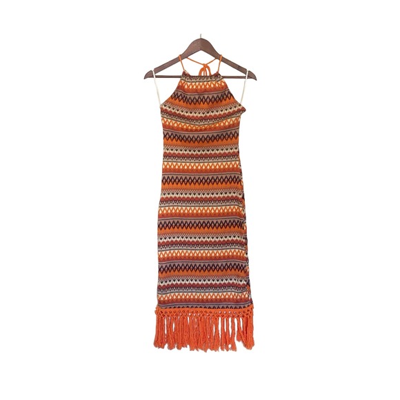SHEIN Dresses & Skirts - SHEIN Women Orange Geometric Knit Halter Midi Dress Fringe Hem Boho Size Medium